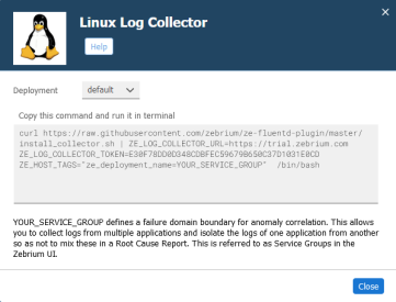 Image of the Linux log collector dialog.