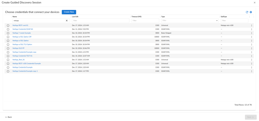 List of NetApp Credentials to start discovery.