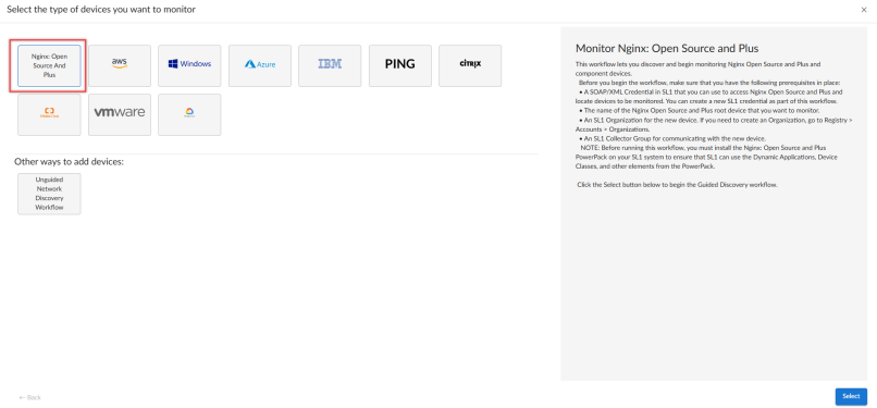 Selection page for Nginx:Open Source And Plus Guided Discovery