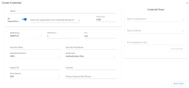 An image of the SNMP v3 Create Credential page