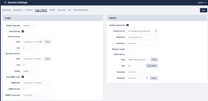 Image of the Restorepoint System Settings page