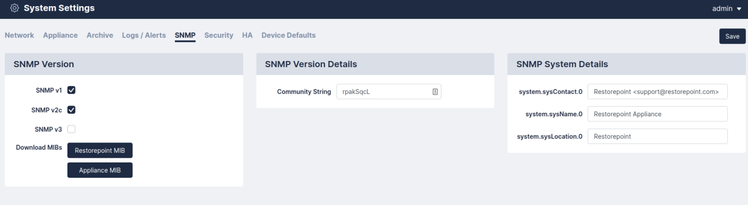 Image of the Restorepoint System Settings page