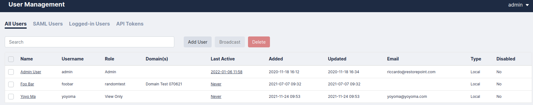 Image of the Restorepoint User Management page