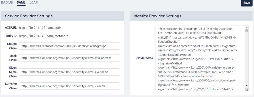 Restorepoint SAML Service Provider Settings page