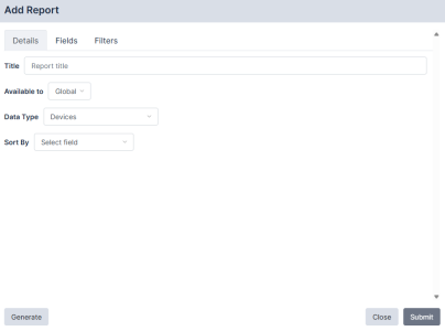 Add Report Modal with Details, Fields, and Filter tabs