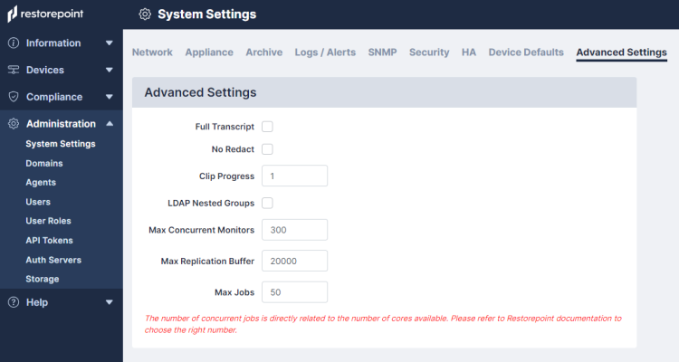 Advanced system settings configuration window.