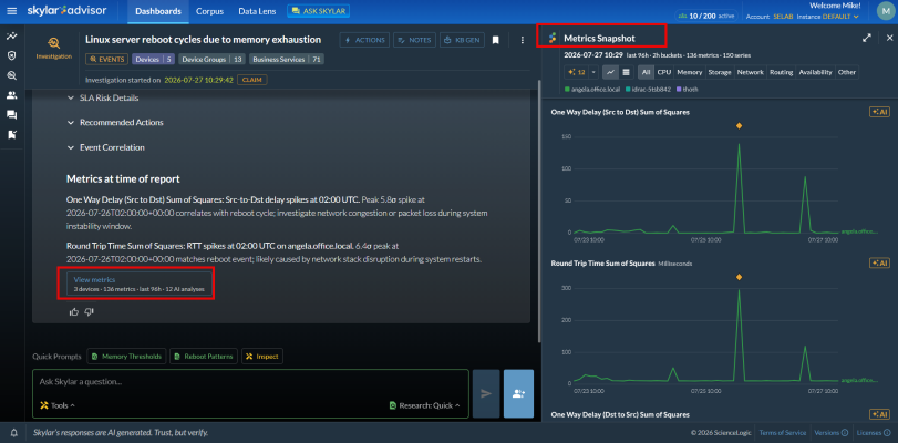 Image of the Metrics Snapshot for an Investigation.