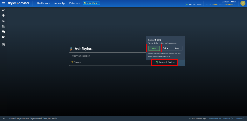 Image of the Ask Skylar Web Search view.