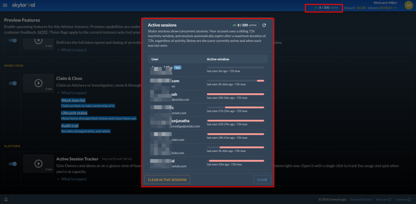 Image of the Active sessions dialog.