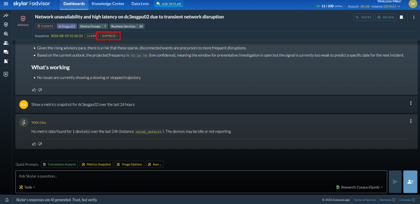 Image of an Advisory with the new Suppress button.