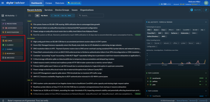Image of the Recent Activity tab, with the States filters highlighted.