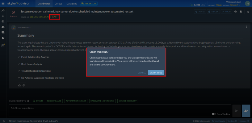 Image of the Claim this issue dialog.