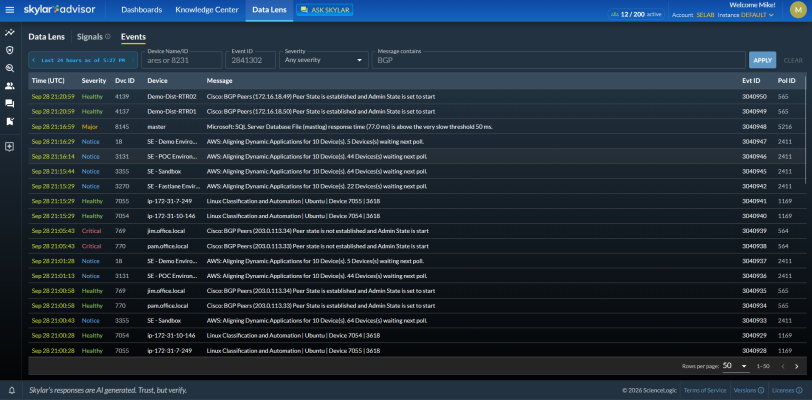 Image of the Events tab on the DData Lens page.
