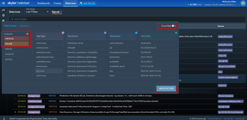 Image of the Event Lens Filter page in Skylar Advisor.