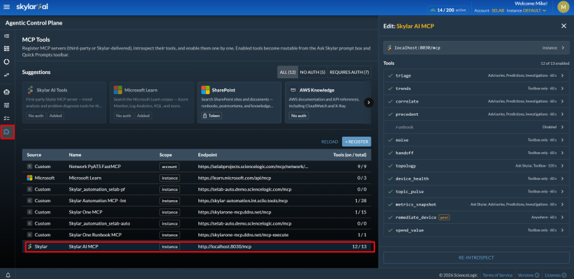 Image of the MCP Tools tab of Agentic Control Plane page.