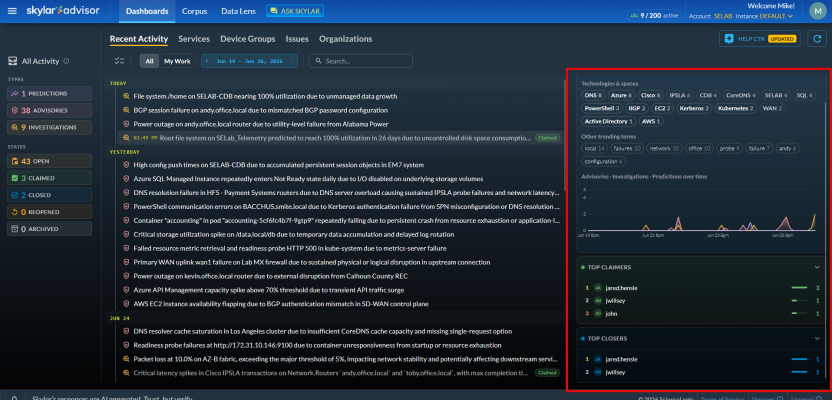 Image of the Recent Activity tab on the Dashboard page, with the Trend Analysis highlighted