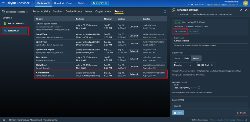 Image of the Scheduler view on the Reports tab on the Dashboards page.