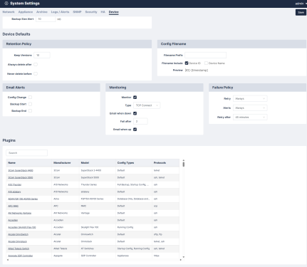 Device default settings 