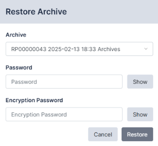 Full Migration Restore Archive modal.