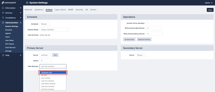 Filter out the number of backups you want to include in the archive with the Database only option in the Max Backups menu.