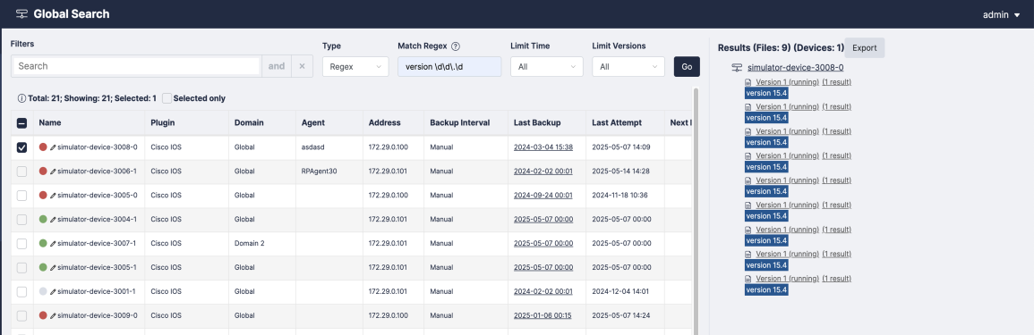 Regex Global Search results in the right pane.