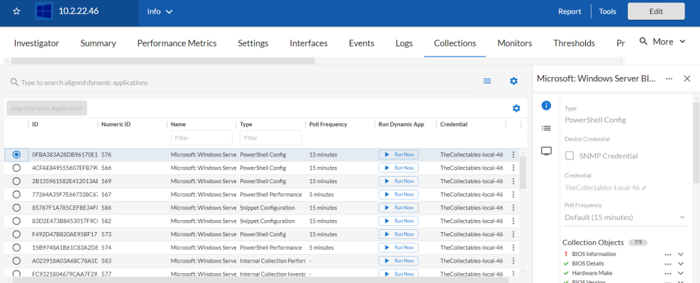 The Collections tab of the Device Investigator