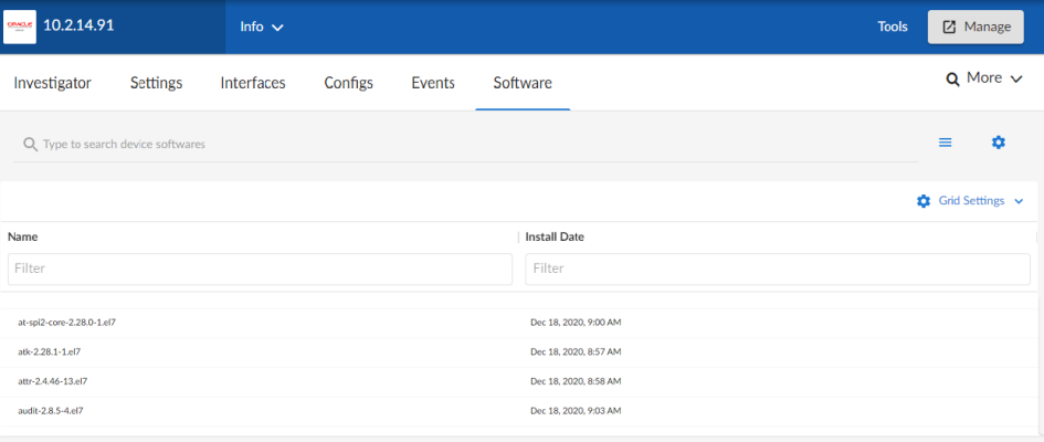 The Software tab of the Device Investigator page