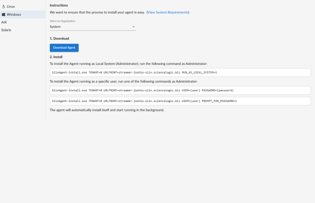 Image of the Install a Windows Agent page