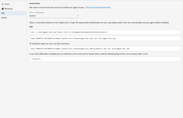 Image of the Install an AIX Agent page