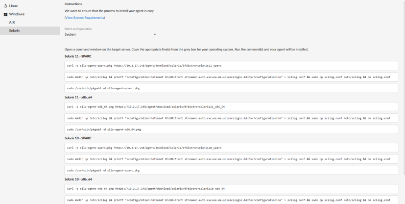 Image of the Install a Solaris Agent page