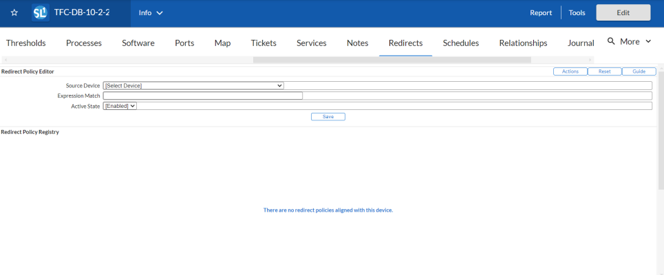The Redirects tab of the Device Investigator page