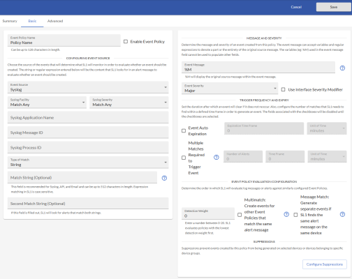 The Basic tab of the Event Policy Editor