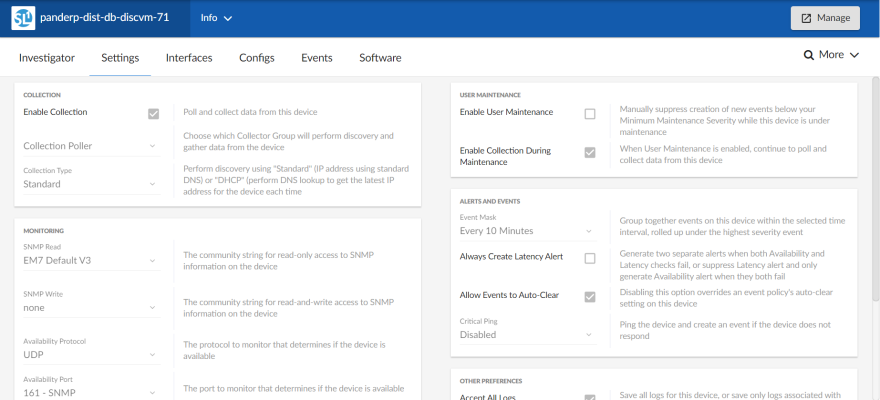 Image of the Settings tab in the Device Investigator