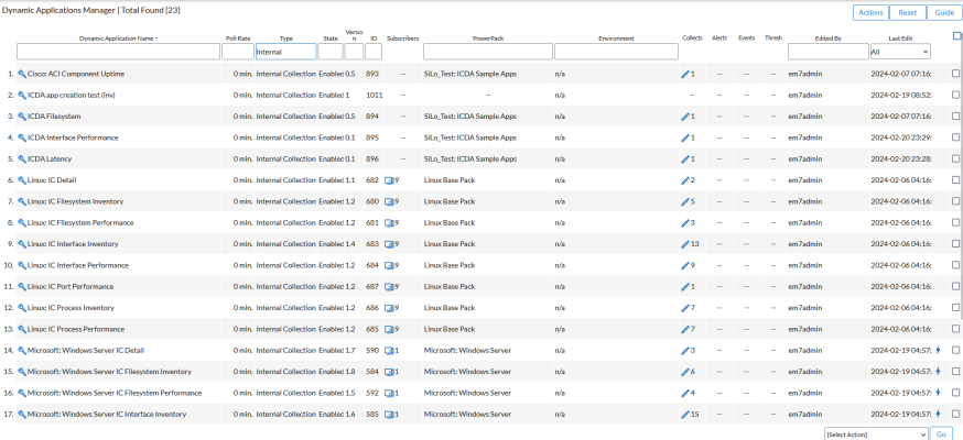 Image of Dynamic Applications Manager page for Internal type
