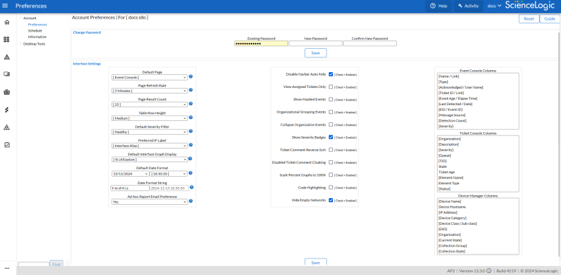 The Account Preferences page, which includes the Change Password and Interface Settings panes.