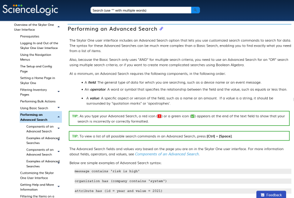 The Performing an Advanced Search page on the ScienceLogic Product Documentation website.