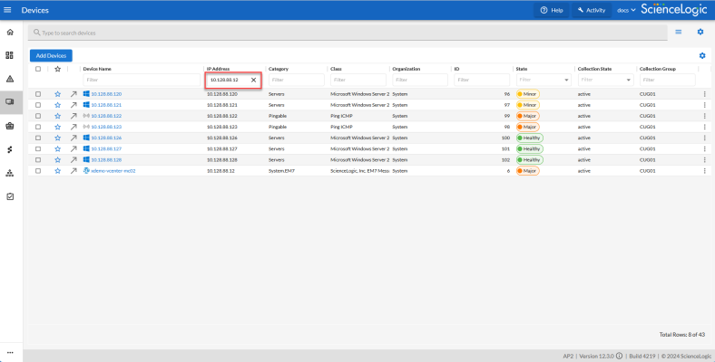 The Devices inventory page with the IP address filter filled in with "10.2.23.4"