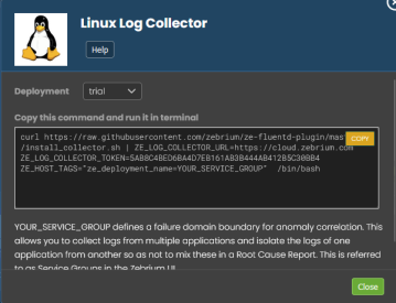 Image of the Linux log collector dialog.